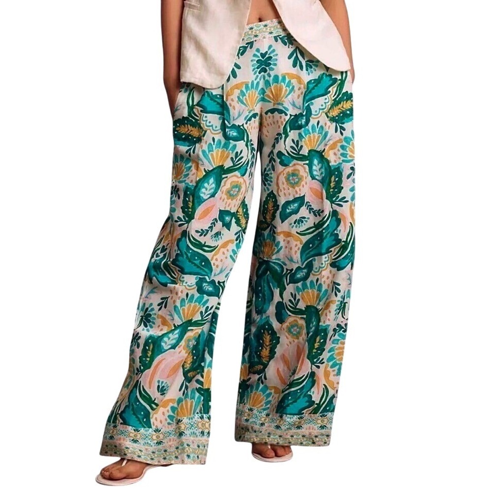 Ranna Gill Wide‎ Leg Pants Womens SP Green Floral Botanical Excellent High Rise